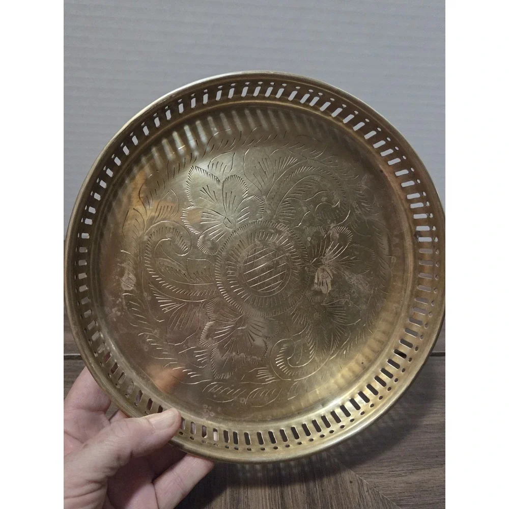 Brass Tray Vintage Etched Floral